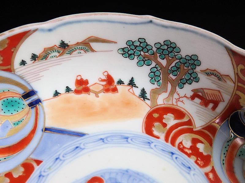 古伊万里　金襴手　熨斗に宝珠　山水の図　膾皿　３客　D761A-BHj