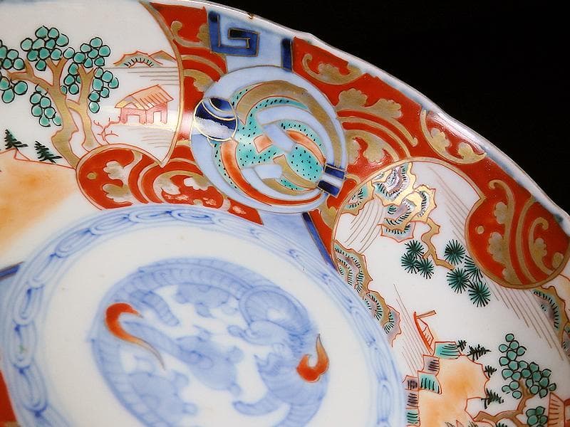 古伊万里　金襴手　熨斗に宝珠　山水の図　膾皿　３客　D761A-BHj