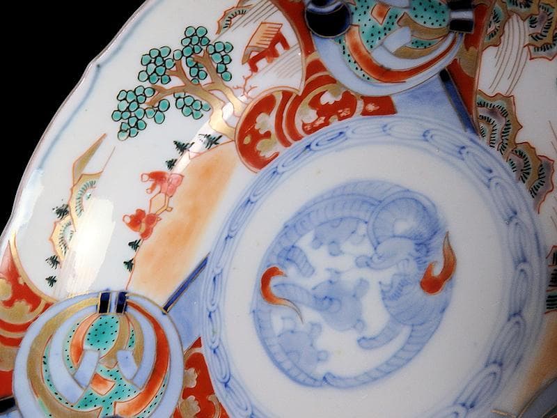 古伊万里　金襴手　熨斗に宝珠　山水の図　膾皿　３客　D761A-BHj