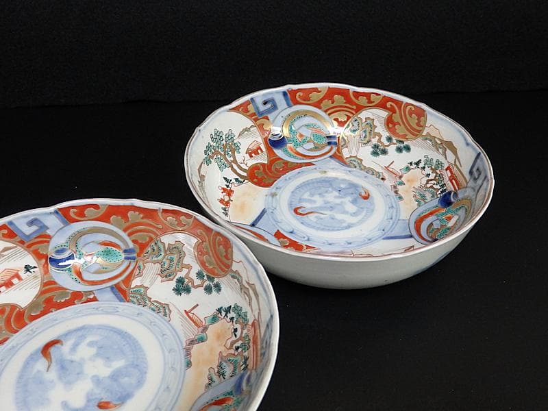 古伊万里　金襴手　熨斗に宝珠　山水の図　膾皿　３客　D761A-BHj