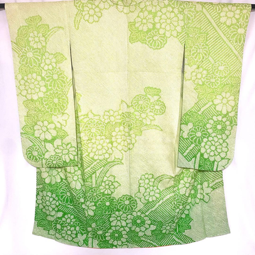 5k502 振袖　正絹　袷　総絞り　中振袖　緑　白　花柄　和装　着物