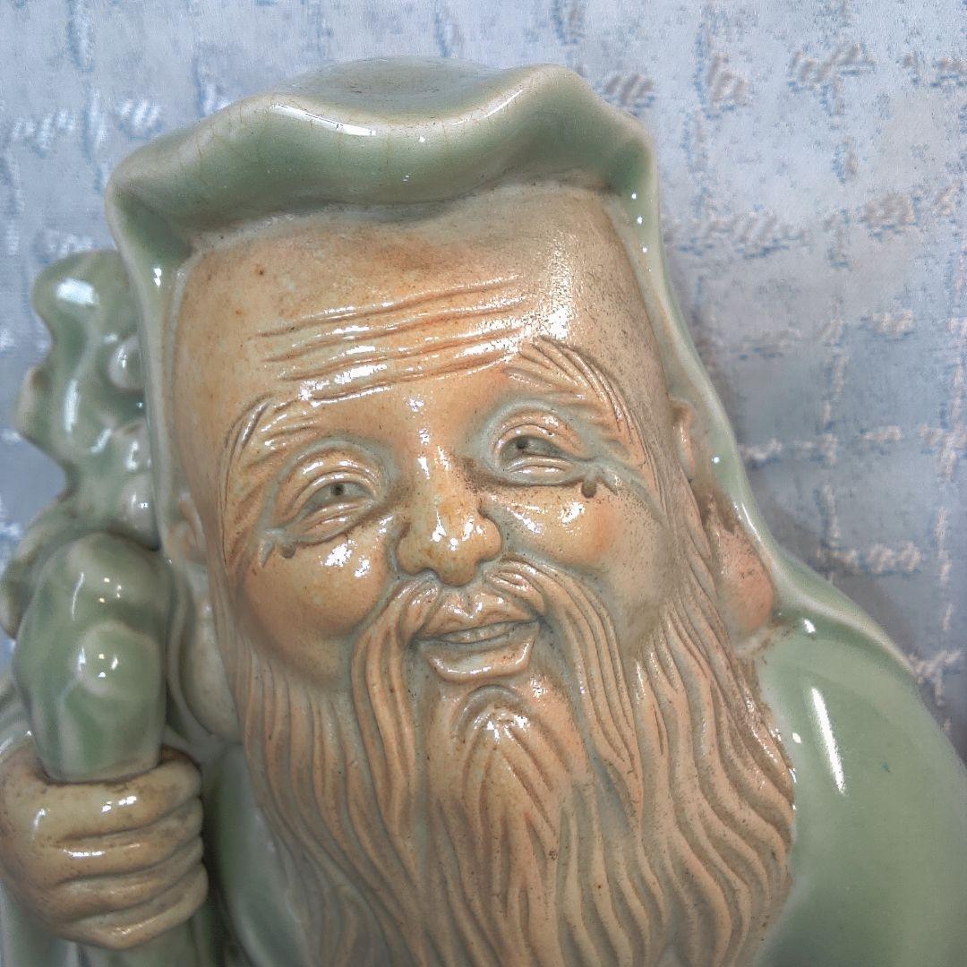 骨董４ 緑色の陶器製老賢者像 約20cm