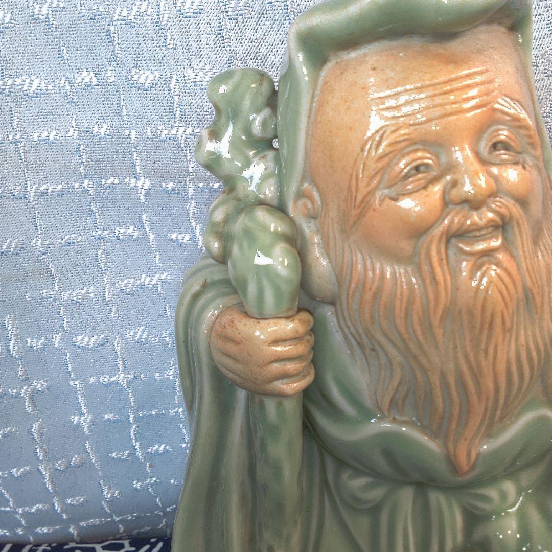 骨董４ 緑色の陶器製老賢者像 約20cm