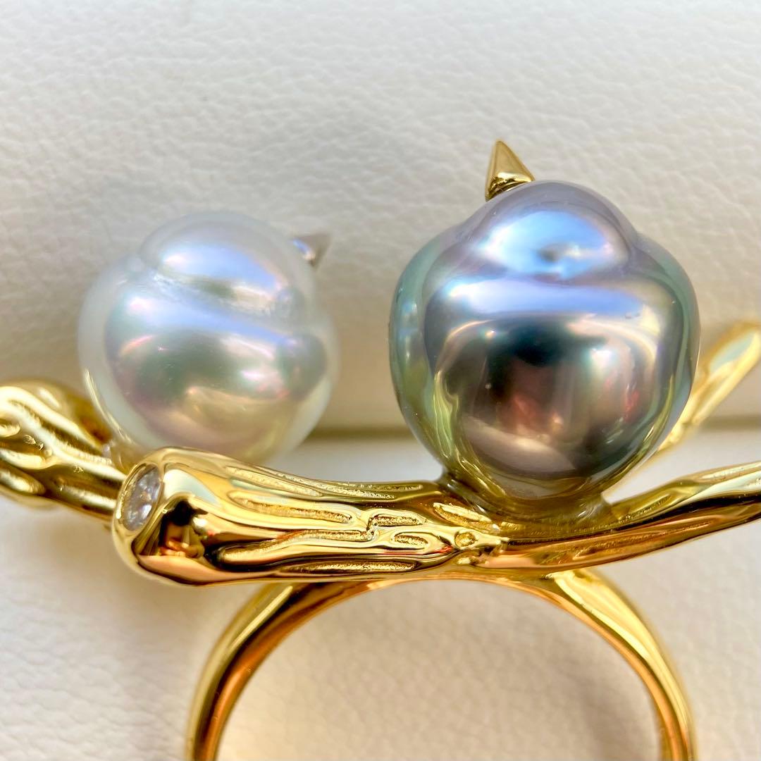 本真珠南洋黒蝶と白蝶真珠オーシャンブルーとブルー無調「鳥と枝」リングY1028