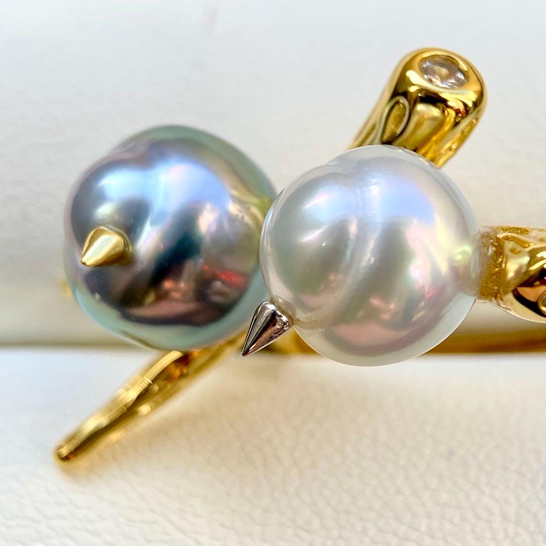 本真珠南洋黒蝶と白蝶真珠オーシャンブルーとブルー無調「鳥と枝」リングY1028