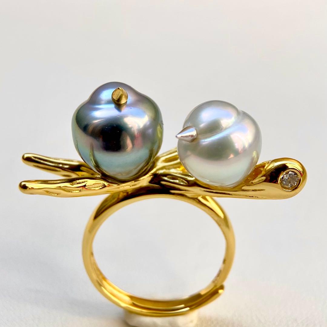 本真珠南洋黒蝶と白蝶真珠オーシャンブルーとブルー無調「鳥と枝」リングY1028