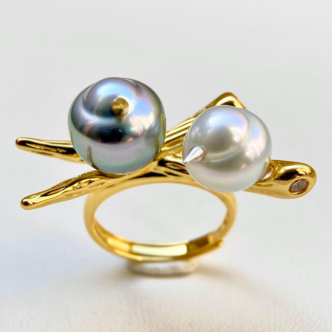 本真珠南洋黒蝶と白蝶真珠オーシャンブルーとブルー無調「鳥と枝」リングY1028