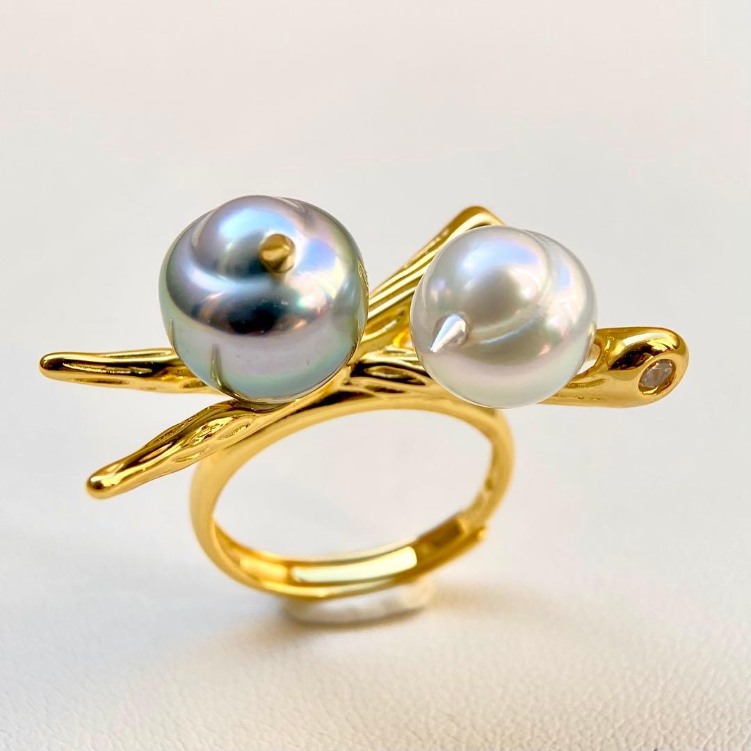 本真珠南洋黒蝶と白蝶真珠オーシャンブルーとブルー無調「鳥と枝」リングY1028