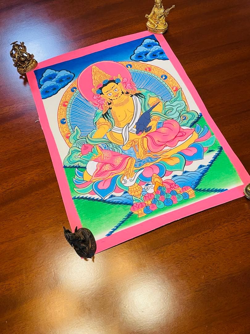 《手描き 肉筆画》宝蔵神 財宝神／ジャンバラ クベラ チベット密教 仏画　a2