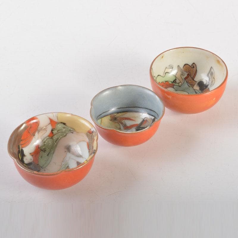 九谷焼　浮世絵　春画盃　三客まとめて　時代箱付　C　6717