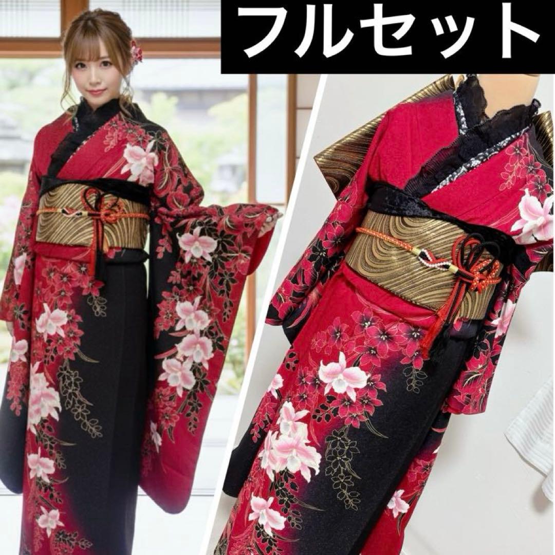 美品　正絹振袖フルセット　銀通し　黒地　花柄　鈴ガード付き　成人式