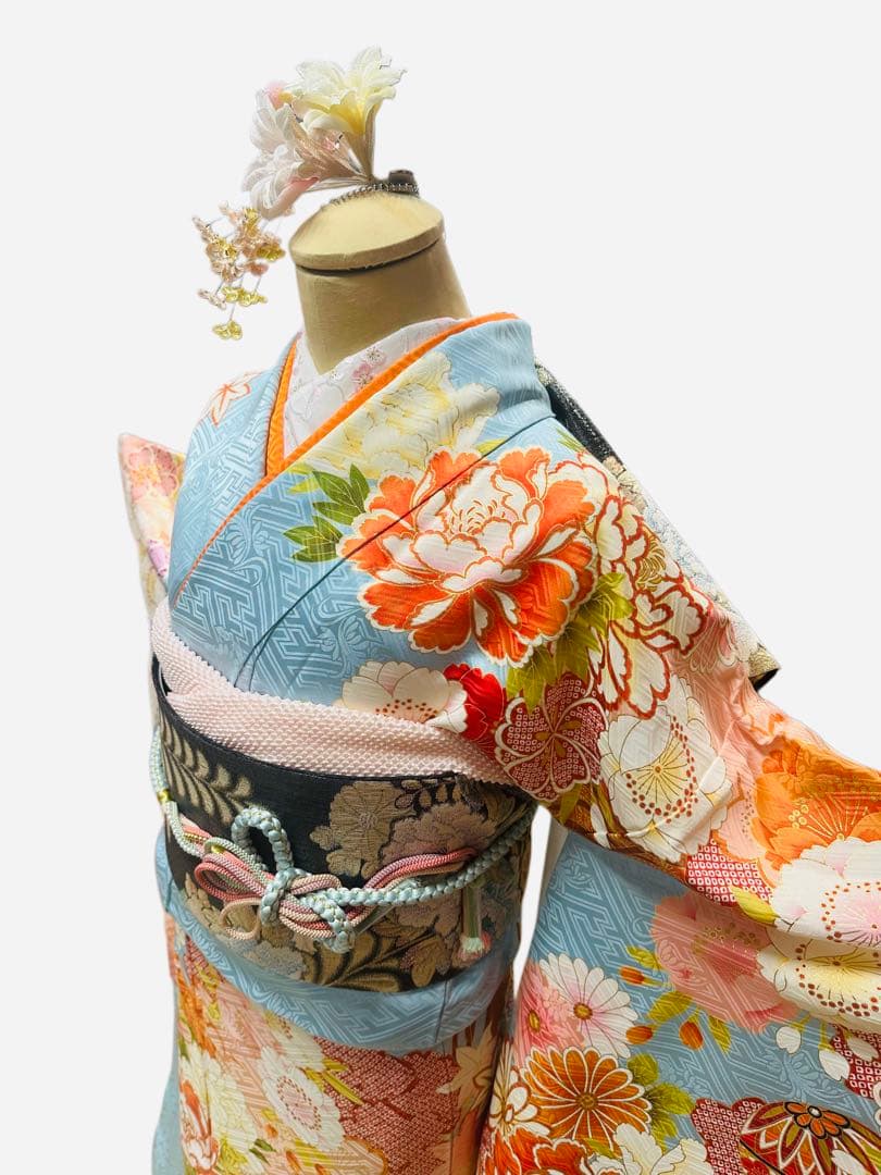 振袖 正絹 古典柄 水色 正統派 6点セット