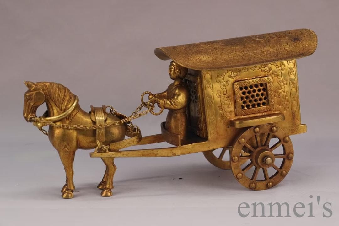 中国古美術 旧蔵 鍍金銅馬車 精銅製 彫刻置物 装飾 文房置物 純手作り 重器