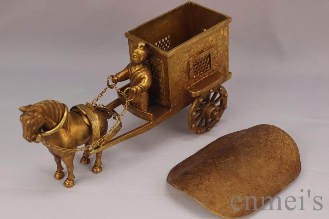 中国古美術 旧蔵 鍍金銅馬車 精銅製 彫刻置物 装飾 文房置物 純手作り 重器