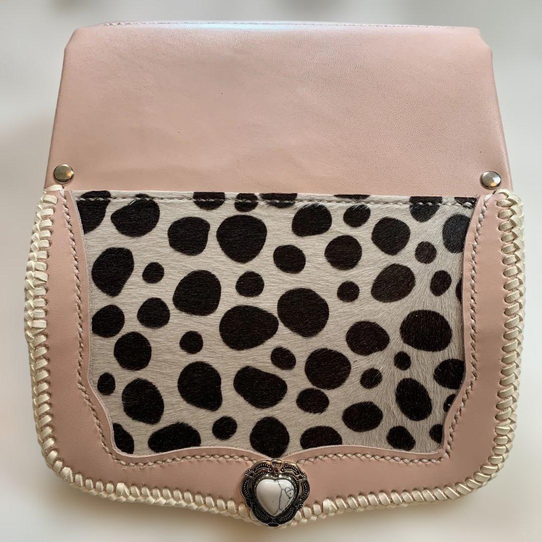 レザークラフト牛革ベビーピンクダルメシアン柄ハラコアコーディオン長財布牛レース編