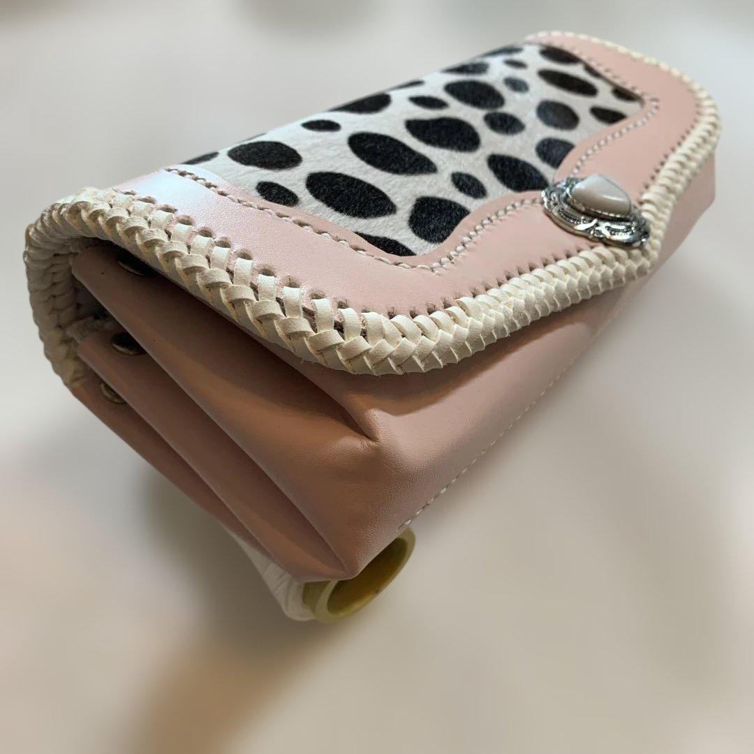 レザークラフト牛革ベビーピンクダルメシアン柄ハラコアコーディオン長財布牛レース編