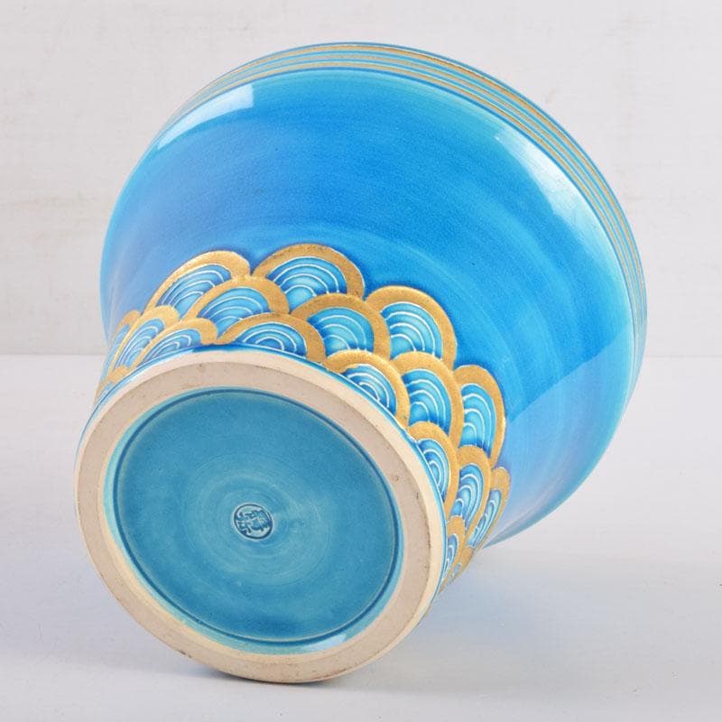 茶道具　京焼　平安昭阿弥造　浅葱　末広形　水指　共箱　C　8415A