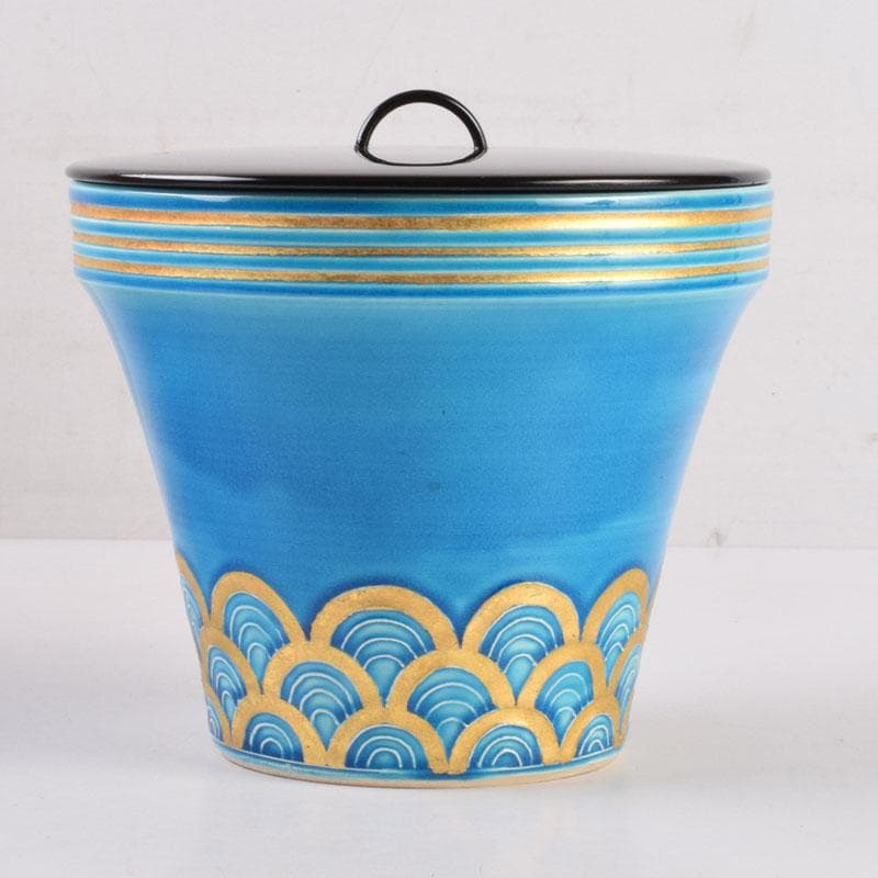 茶道具　京焼　平安昭阿弥造　浅葱　末広形　水指　共箱　C　8415A