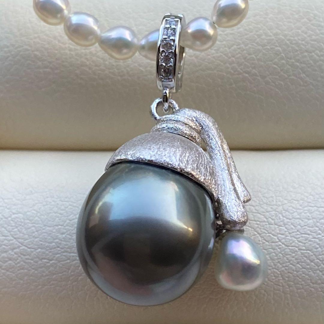 本真珠　南洋黒蝶真珠&あこや真珠ネックレストップ12mmダークグリーンPT826