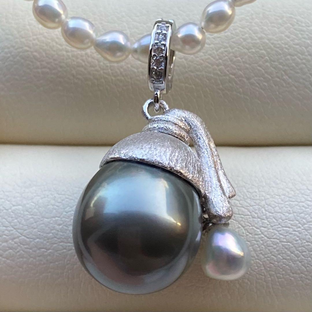 本真珠　南洋黒蝶真珠&あこや真珠ネックレストップ12mmダークグリーンPT826