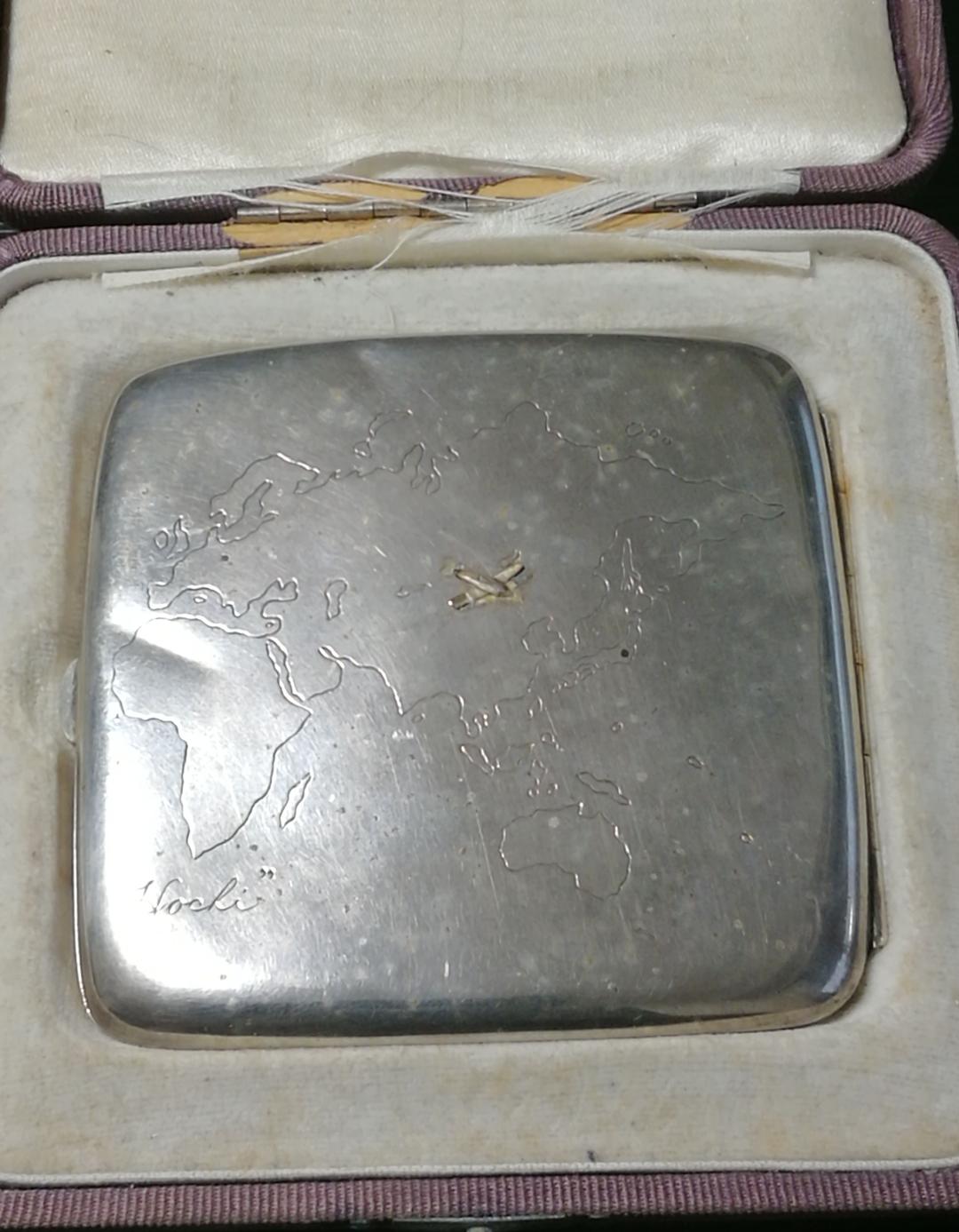 逸品　シガレットケース　煙草入れ　日米親善欧亜連絡飛行　銀製　和骨董アンティーク