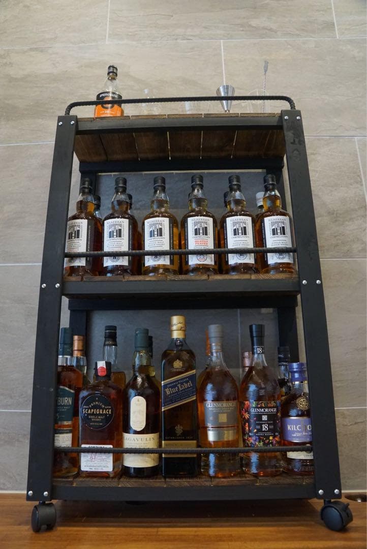 ウィスキーラック　　落下防止ワゴンタイプ　男前インテリア　棚　インダストリアル