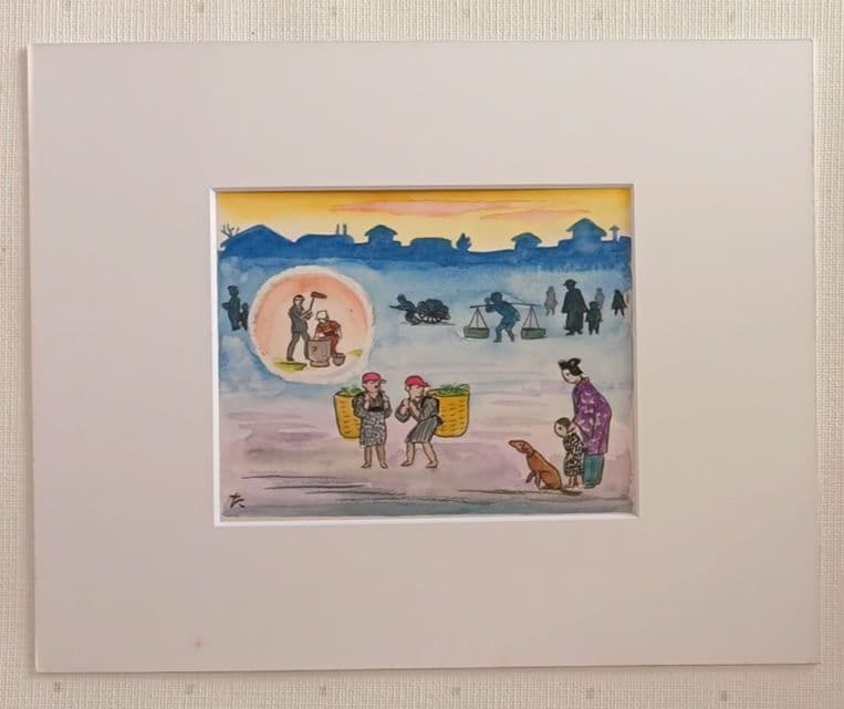 小川龍彦、水彩画年の暮れ（思い出の故郷静岡シリーズ)昭和52年10月1977描く