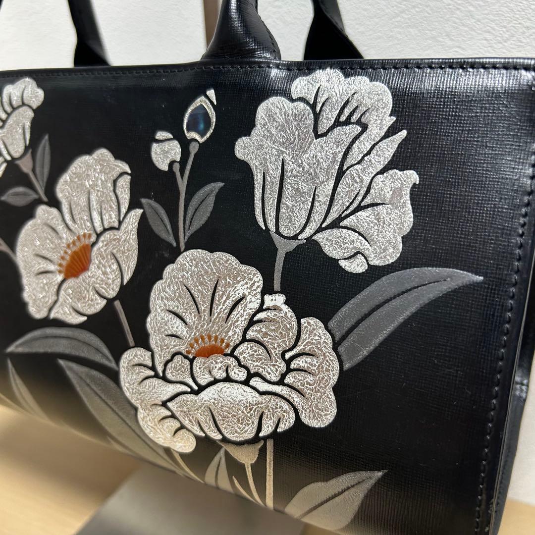 坂本これくしょん 蒔絵レザーバッグ ハンドバッグ 花柄刺繍 美品