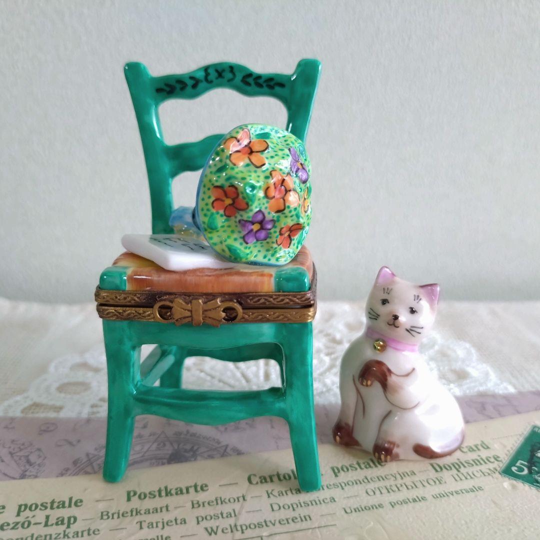 リモージュボックス　猫　ネコ　椅子　花束　ブーケ　手紙　フランス製　ヴィンテージ