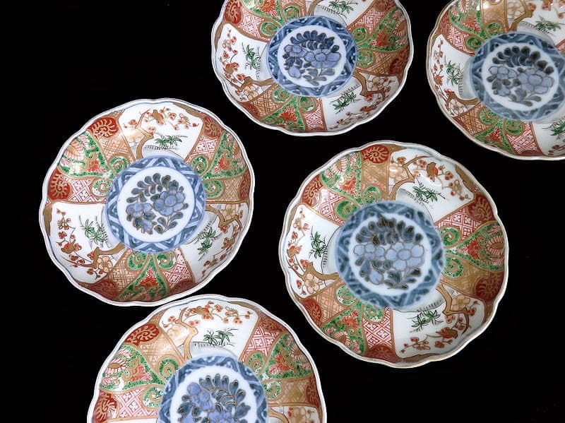 古伊万里　金襴手　牡丹に松竹梅の図　４寸皿　５枚　C782AS-CFj