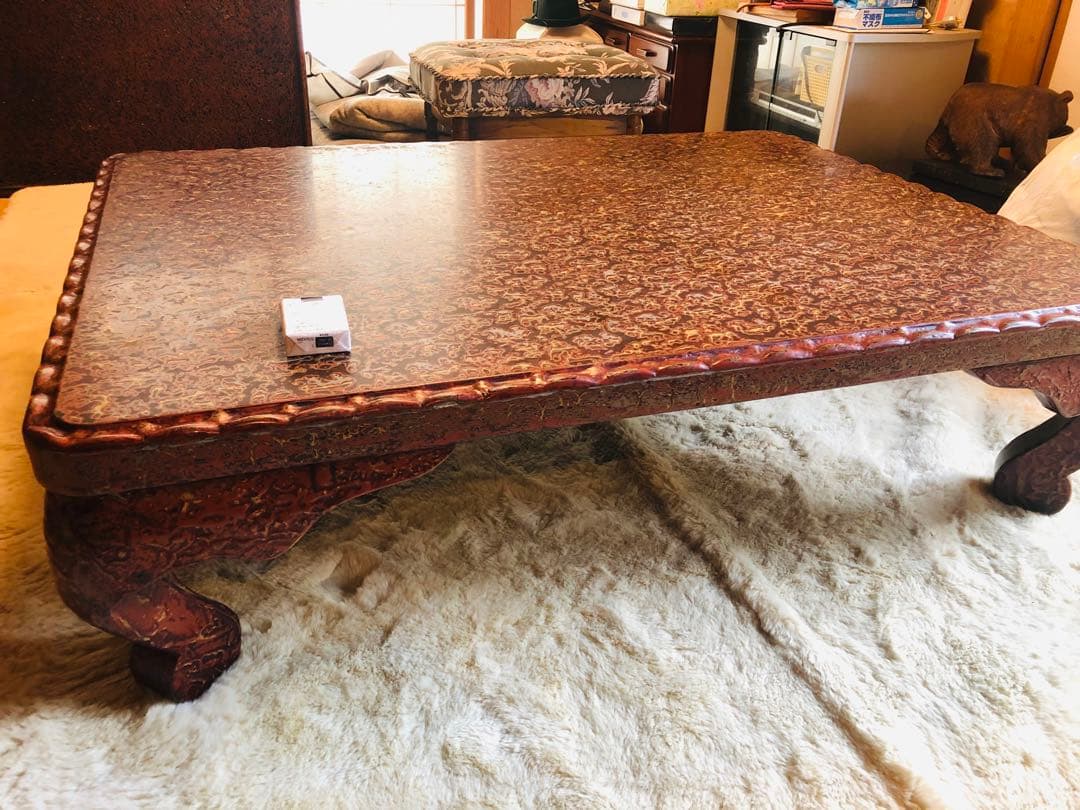 津軽塗　彫刻入り木製座卓 長方形