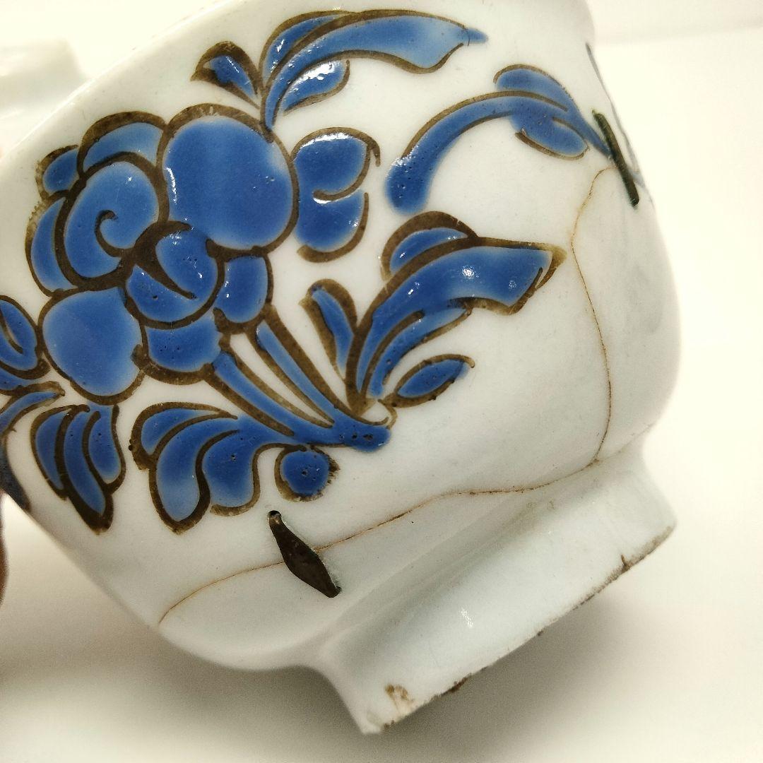 Ｗ126-1 中国 南京 古染付煎茶碗 10客 漢詩花弦図