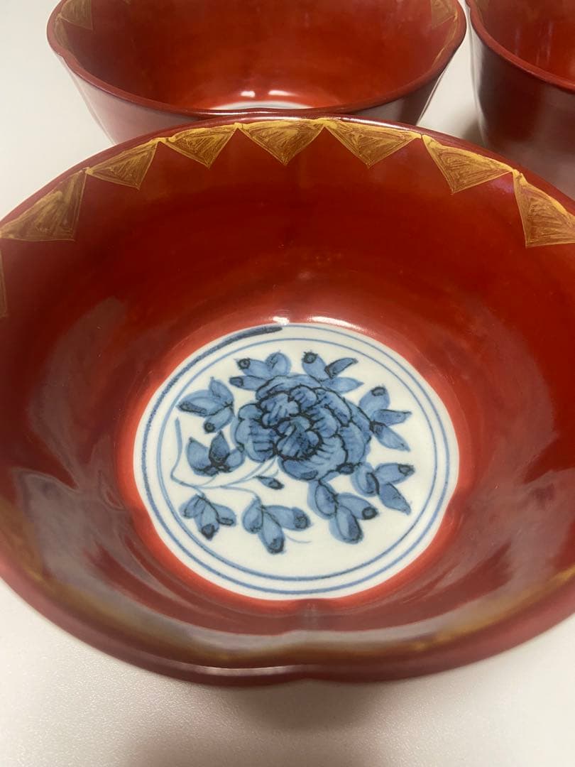【大福】祥山 (造) 魯山人写 染付牡丹金彩赤絵鉢 5客揃
