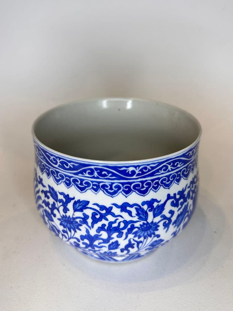 大清道光年製 底款　青花染付　鳳凰文　小缸　中国古美術