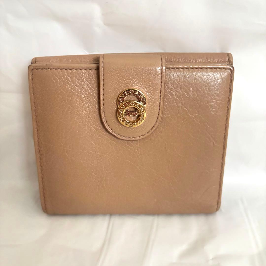 付属品完備✨ブルガリ 二つ折り財布 ダブルサークルロゴ 本革レザー ベージュ