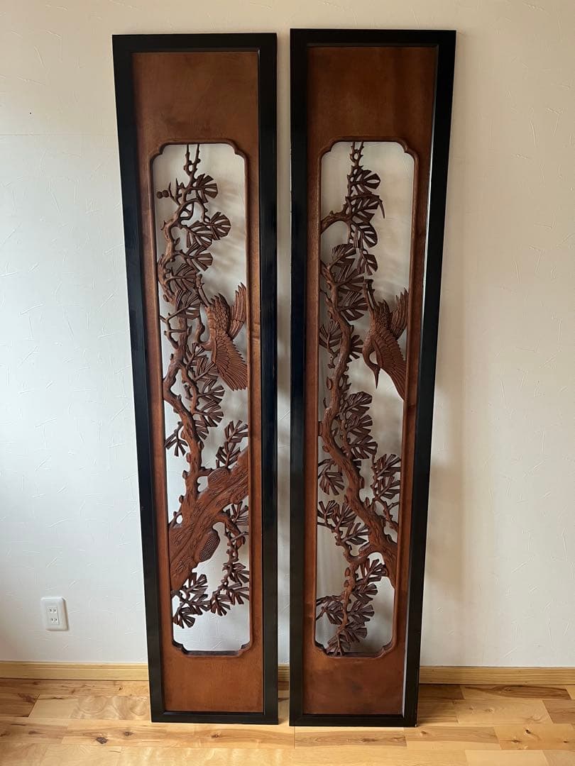 縁起の良い欄間　2枚セット　らんま　鶴　松