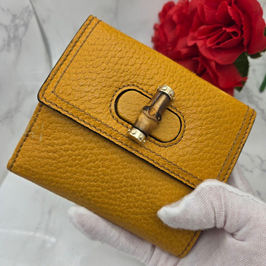 【希少】 GUCCI グッチ 折り財布 財布 レザー バンブー イエロー 黄色