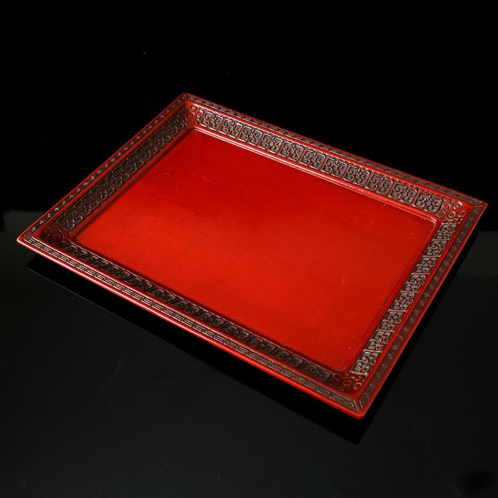 時代物 木地 堆朱 長方隅角盆 回文 雷文 雲雷文 茶懐石 鎌倉彫 折敷