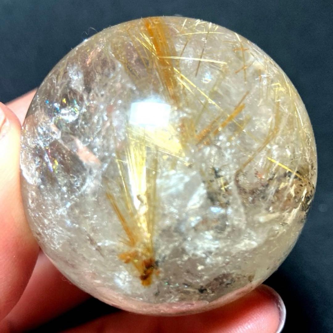 43mm 虹入りゴールドルチルクォーツ　丸玉　スフィア　金針水晶