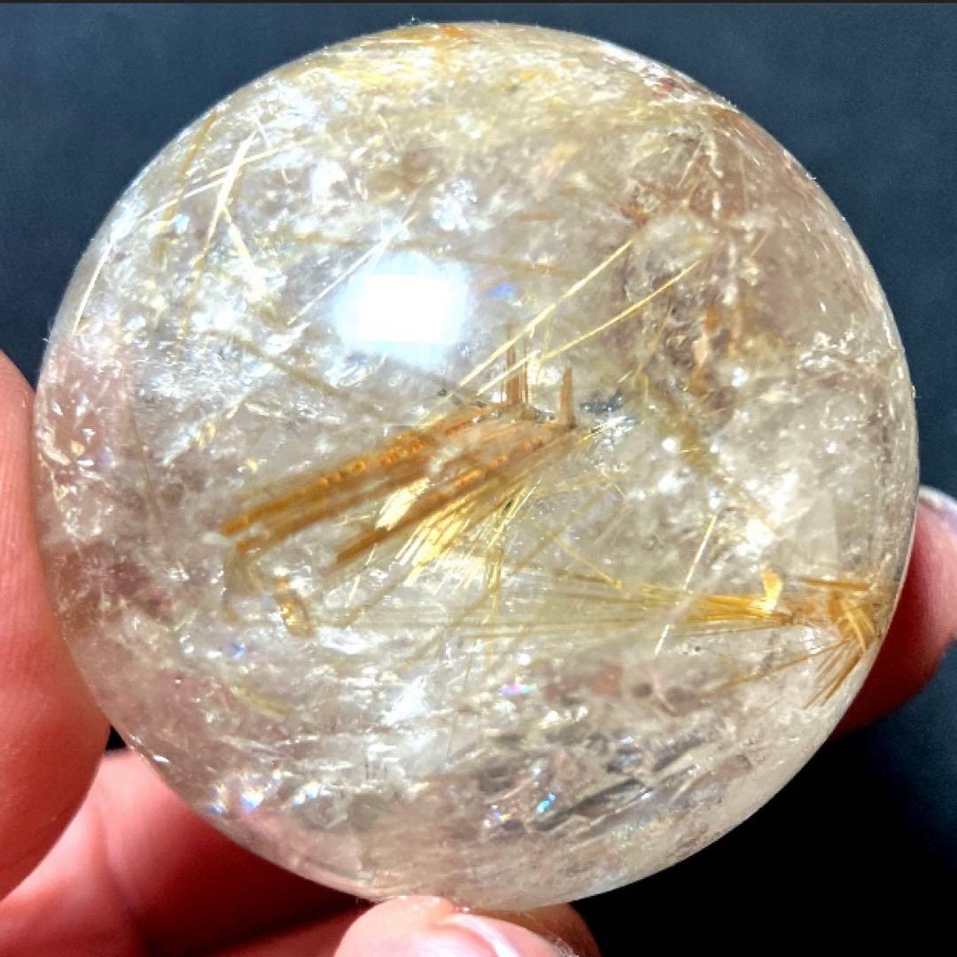 43mm 虹入りゴールドルチルクォーツ　丸玉　スフィア　金針水晶