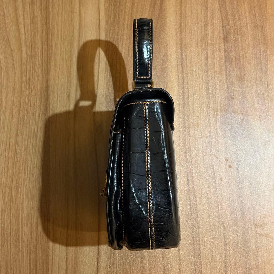 美品 BALLY ハンドバッグ クロコ 型押し Bロゴ レザー ブラック 伊製