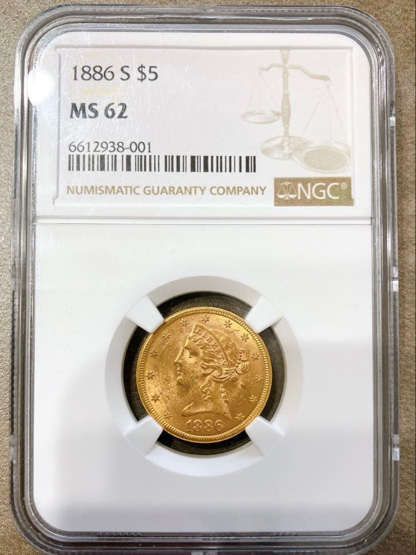1886 S $5 リバティヘッド金貨 MS 62 NGC認証