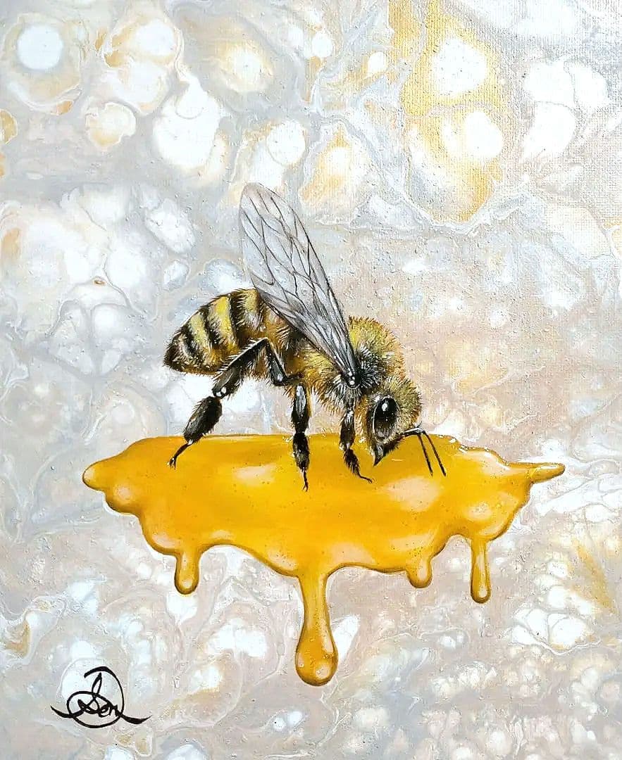 蜂の油絵【蜜】1点物の原画◆作者サイン入り◆F3号キャンバス