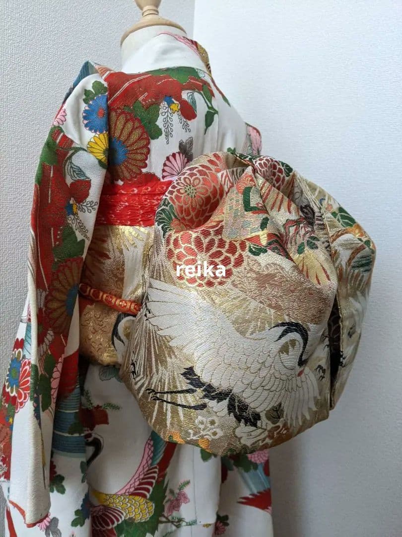 正絹袋帯からの作り帯　鶴 文庫結び　アンティーク　七五三ジュニア帯　成人式振袖