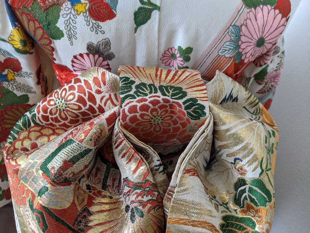 正絹袋帯からの作り帯　鶴 文庫結び　アンティーク　七五三ジュニア帯　成人式振袖