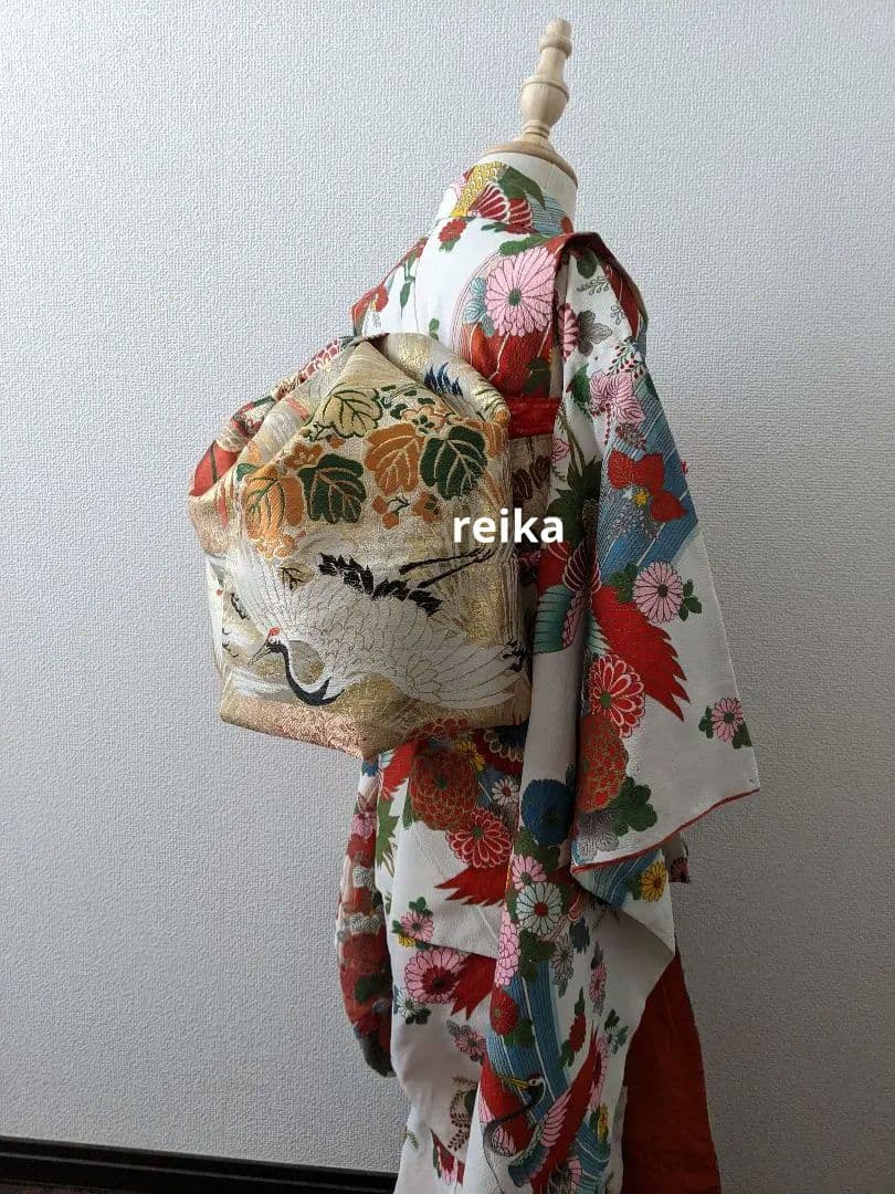 正絹袋帯からの作り帯　鶴 文庫結び　アンティーク　七五三ジュニア帯　成人式振袖