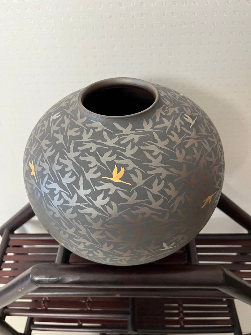 萬古輝彩鶴文壺、醉月窯、陶器、工芸品、古美術、花器、壺、飾り
