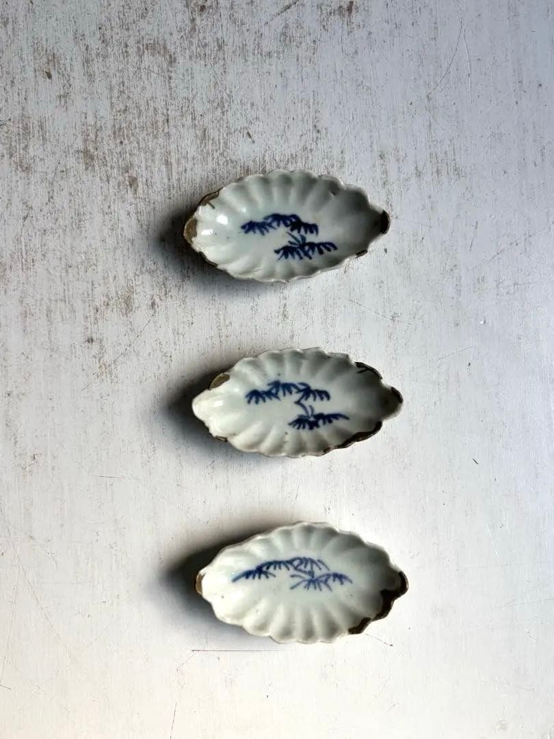 756 骨董 アンティーク 古伊万里 舟型松林文様豆皿 3点組 醤油皿 金継ぎ
