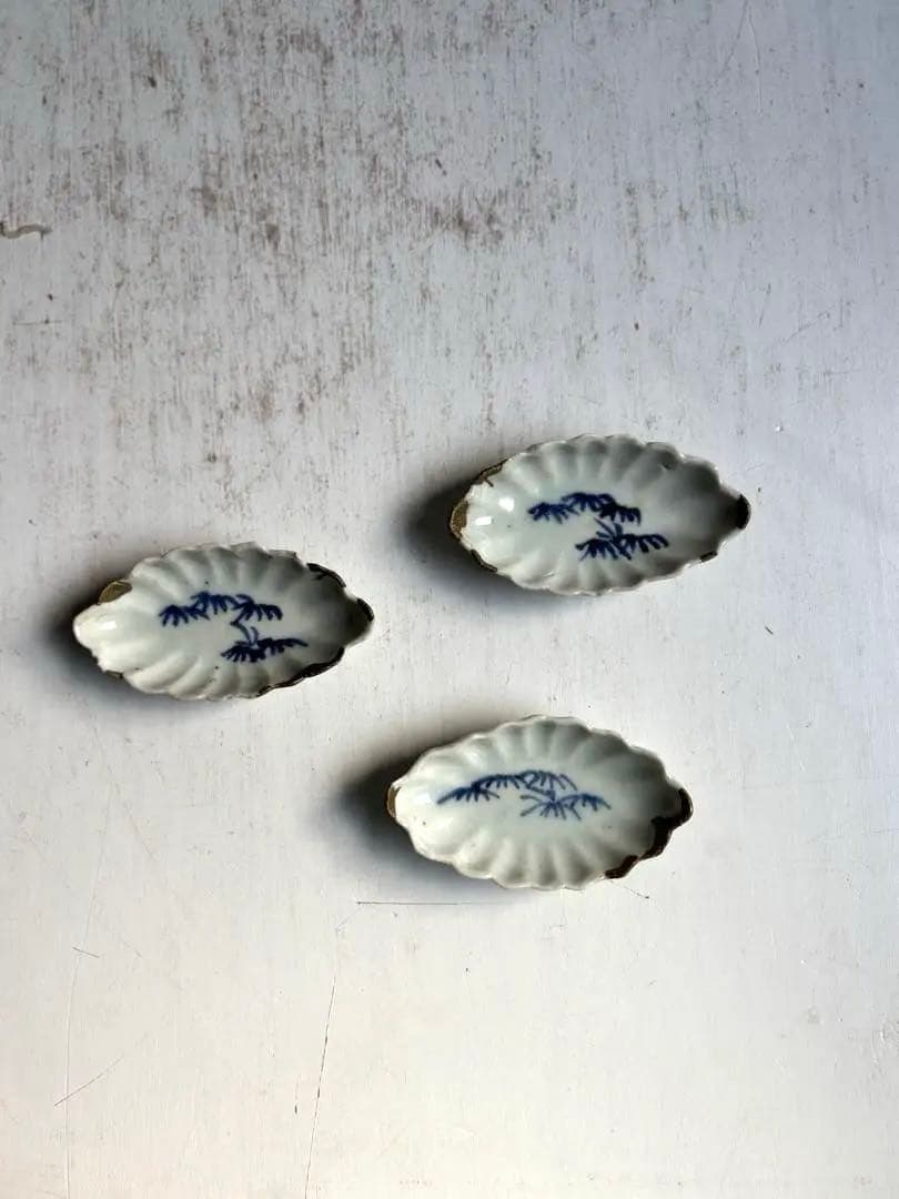 756 骨董 アンティーク 古伊万里 舟型松林文様豆皿 3点組 醤油皿 金継ぎ