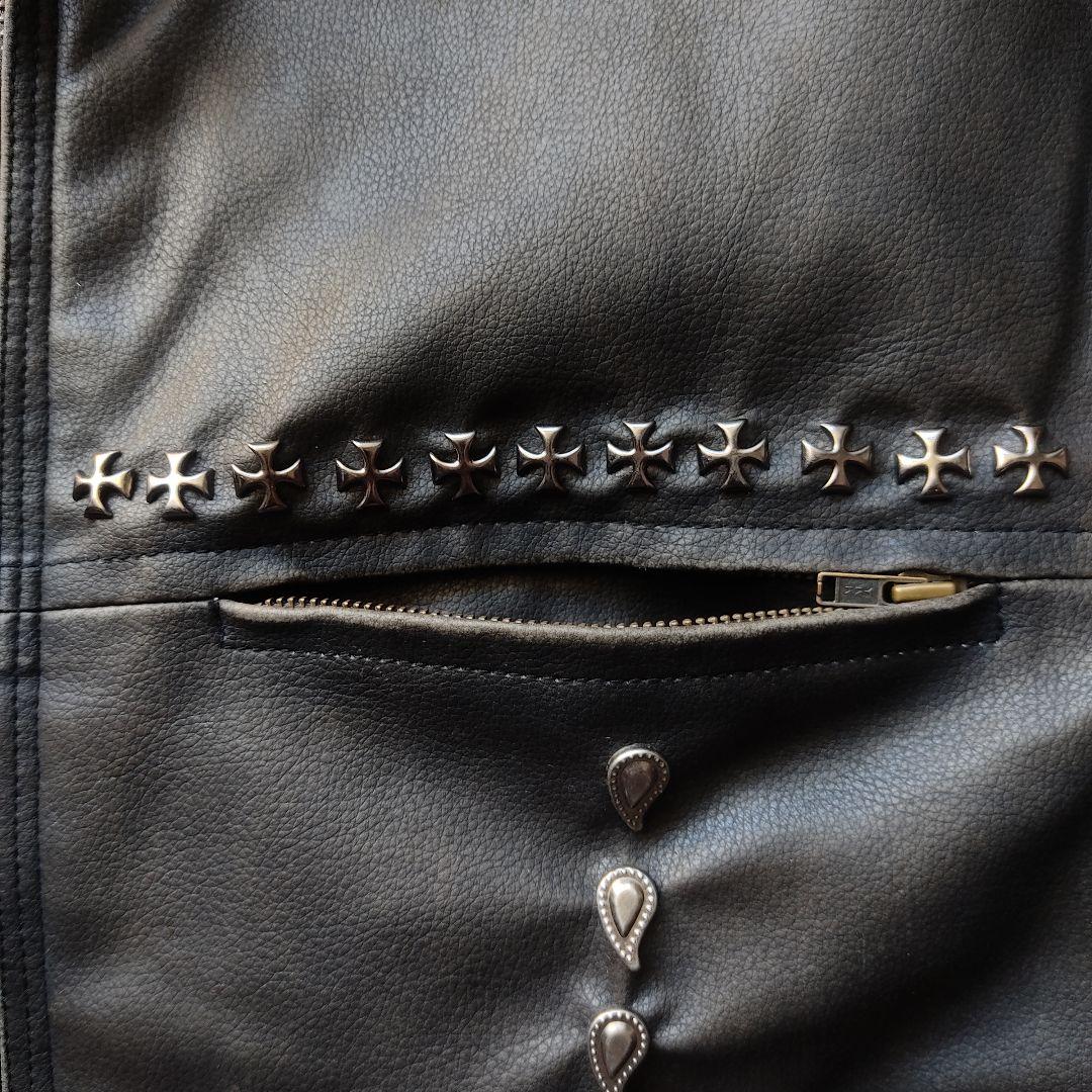 【希少レア】Y2K クロス スタッズ レザー ジャケット フェード 黒 茶色